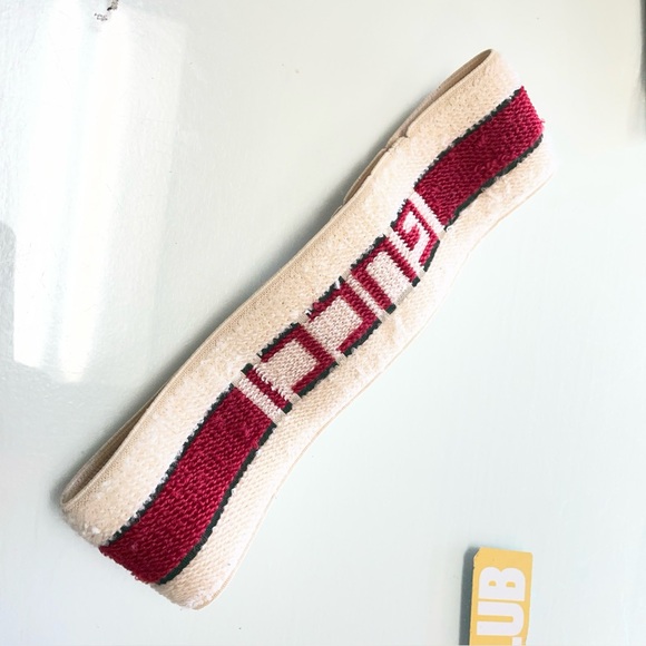 Gucci Elastic Headband Unisex Size M (56-57cm)  Red White Logo Vintage Rare Used - Picture 1 of 16